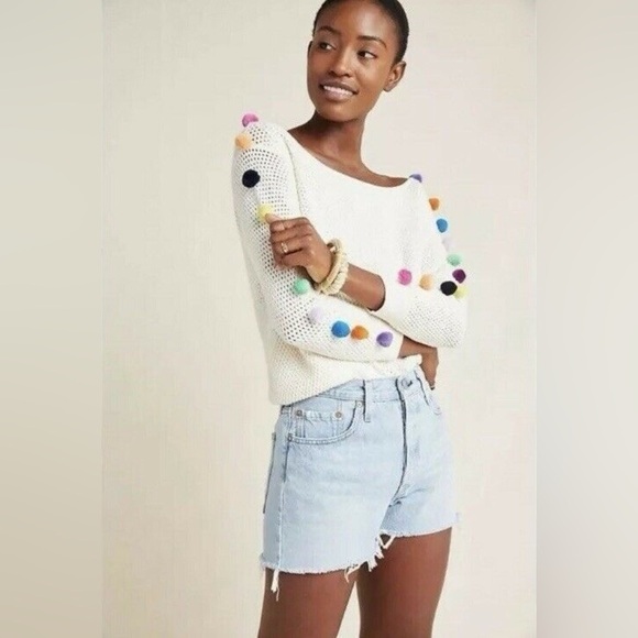 Anthropologie Cream Sweater with Multicolor Pom-Poms - Picture 13 of 13
